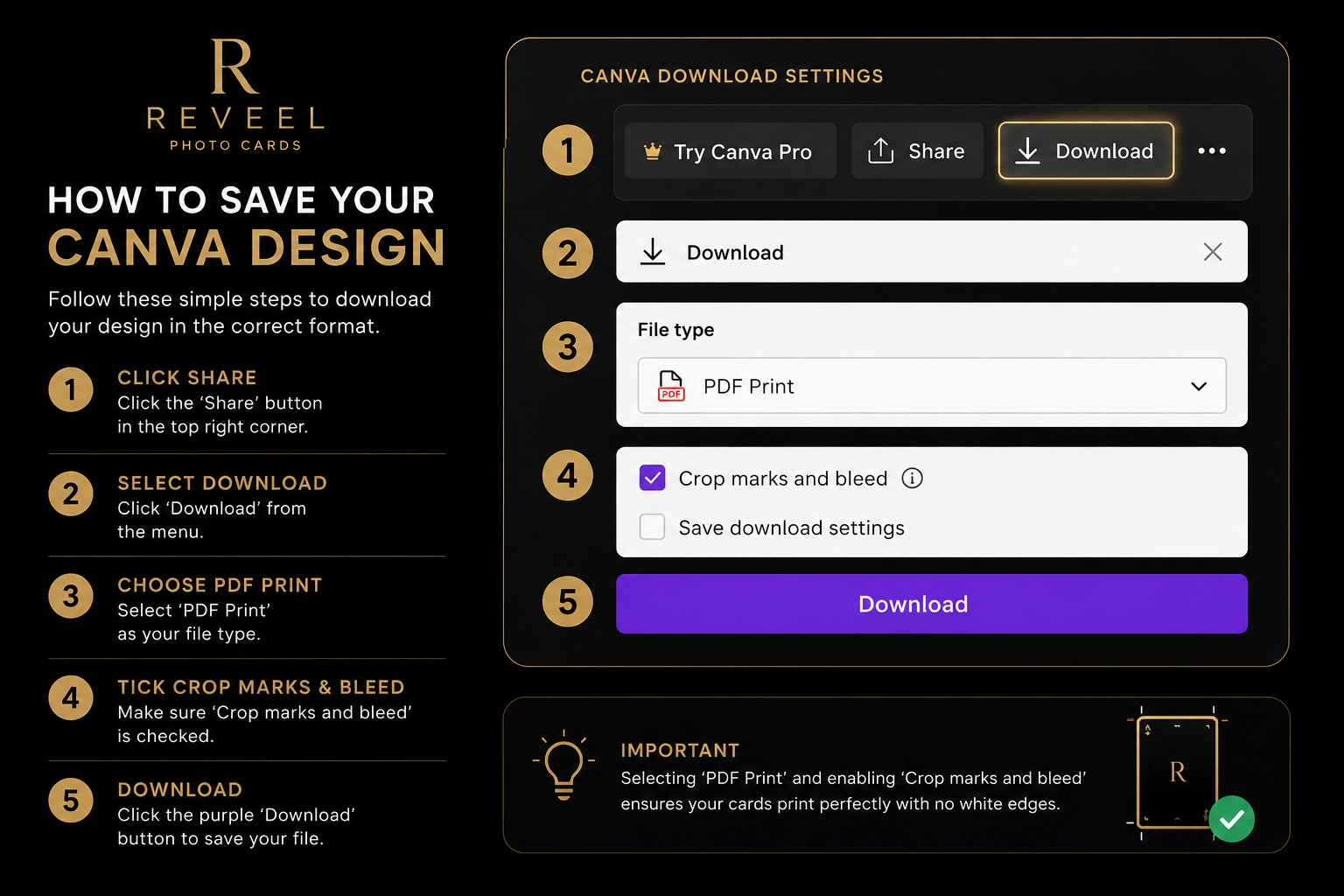 How to save your Canva design: click Share, select Download, choose PDF Print, tick Crop marks and bleed, then Download